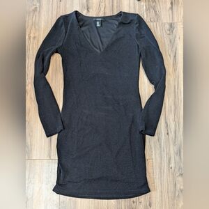 Forever 21 Black Textured V-Neck Long Sleeve Dress